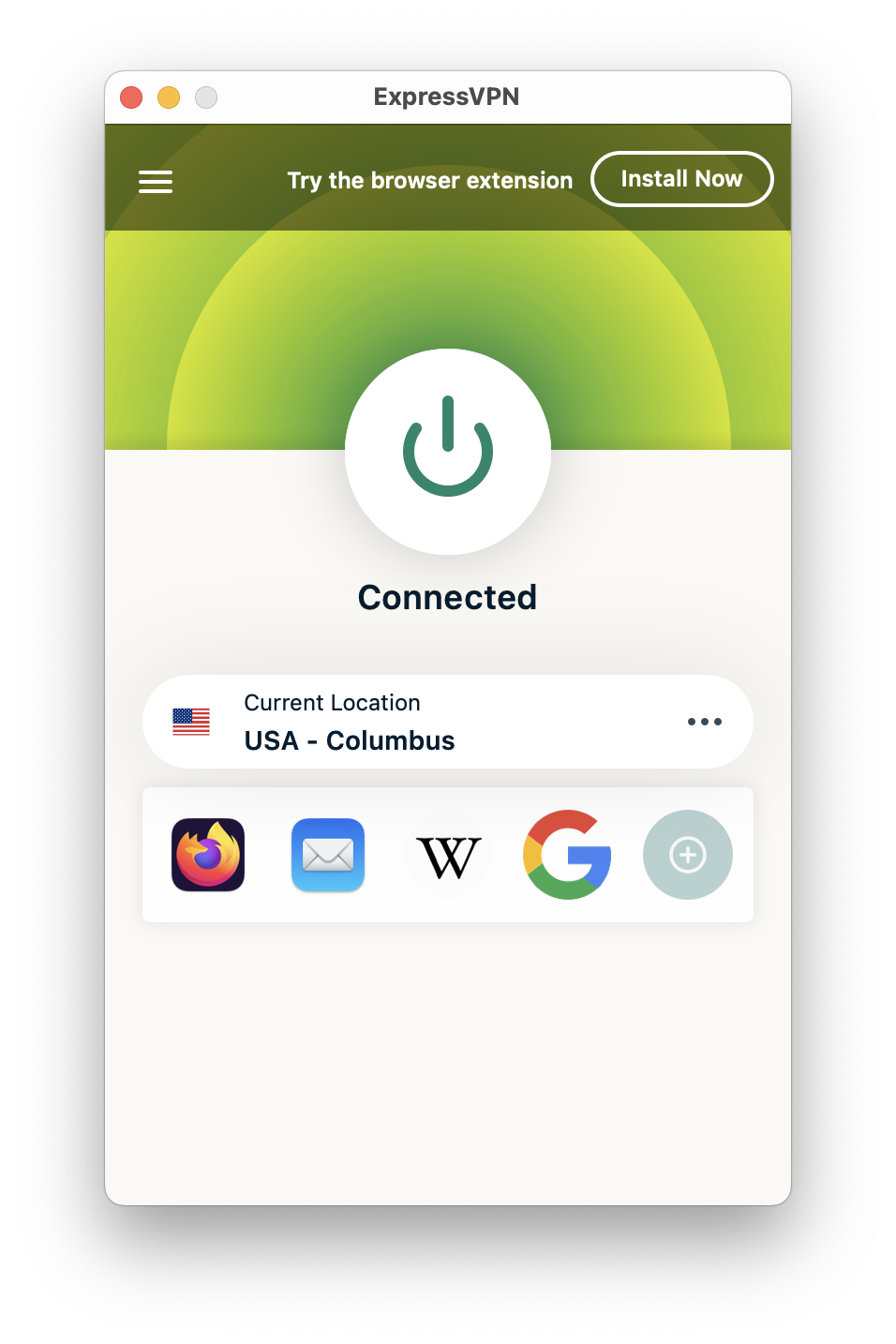Connecting to a Columbus server with ExpressVPN
