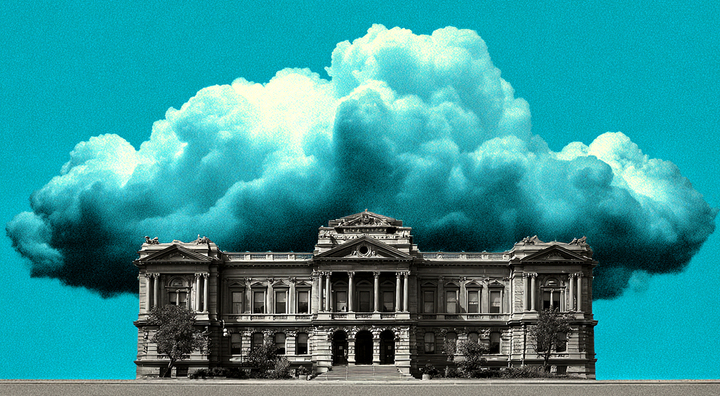 governmental building under a huge neon blue and white cloud