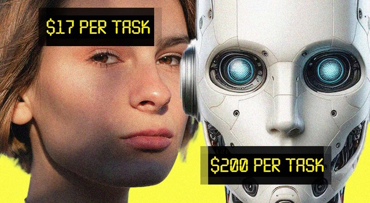 brunette short hair woman on left, white robot on right