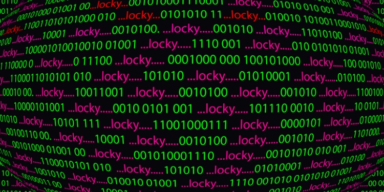 Lines of computer code, complemented with the word "locky" between numbers.