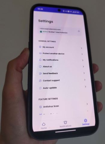 McAfee settings on Android app