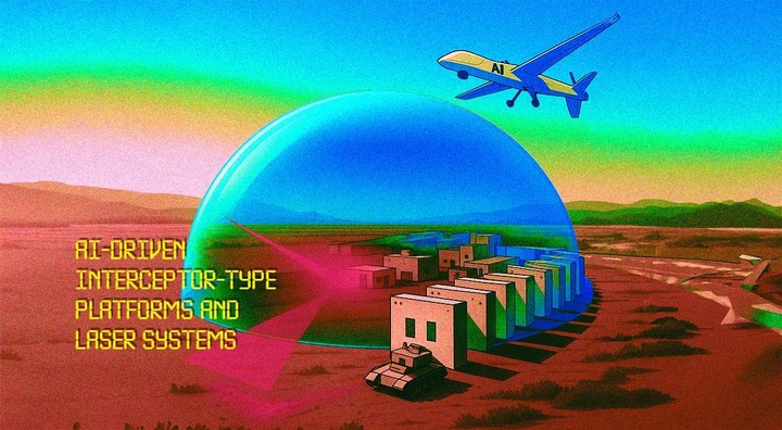 desert, 11 small buildings, blue doe, red laser, ai drone in blue sky