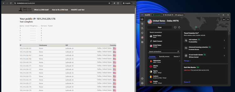 DNS leak test with NordVPN October 2025