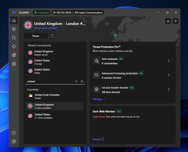 NordVPN Windows interface October 2025