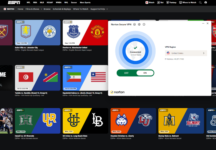 Streaming sports on ESPN+ with Norton VPN