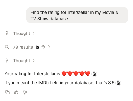 Example prompt: "Find the rating for Interstellar in my Movie & TV Show database”