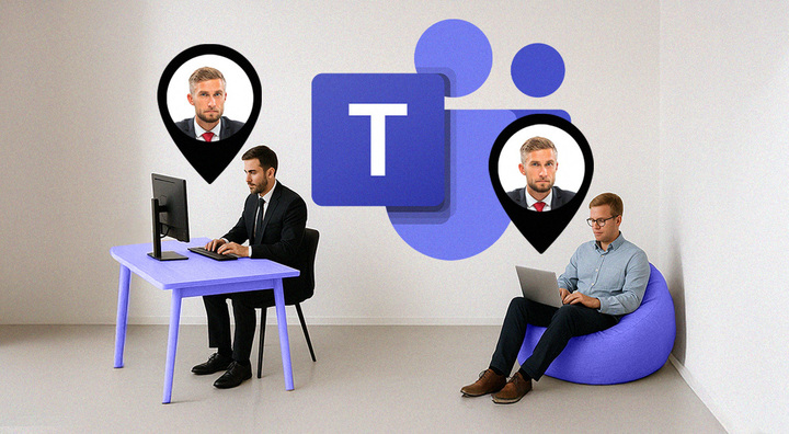 men sits on blue bean bag, man at blue office table, Teams logo