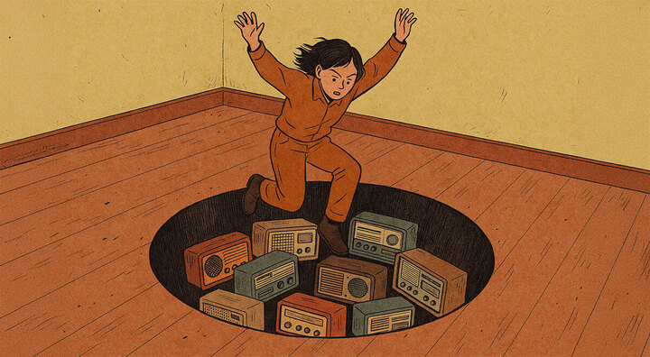 white woman jums into a hole of radios, brown jumpsuit, black hair, yellow walls