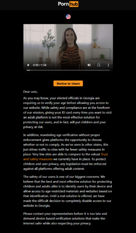 Pornhub blocked in Georgia message