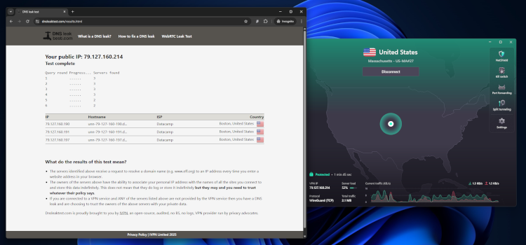 DNS leak test with Proton VPN October 2025