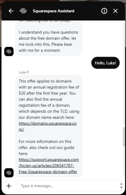 squarespace live chat convo
