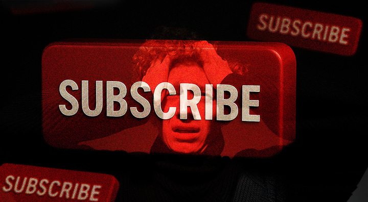 three subscribe signs, curley man holding his hands in hair from despair