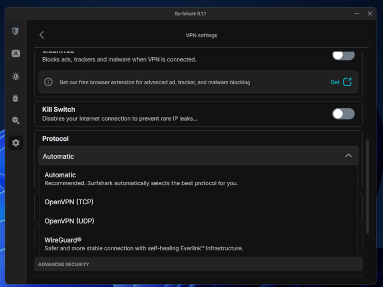The Surfshark Windows app settings menu