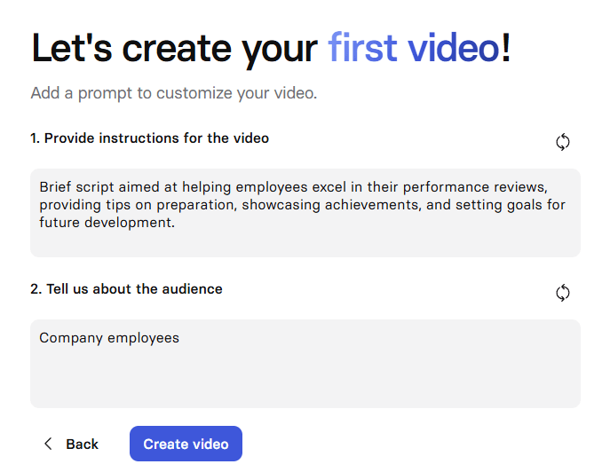 Synthesia video creator onboarding with questions and two boxes for text input