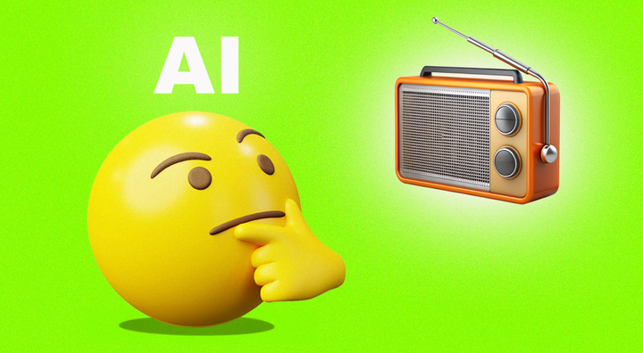 yellow thinking emoji looks at orange radio, AI written in white, brown radio, lime background