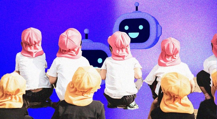 toddlers wearing pink and peach hats in ai kindergarten with blue bots
