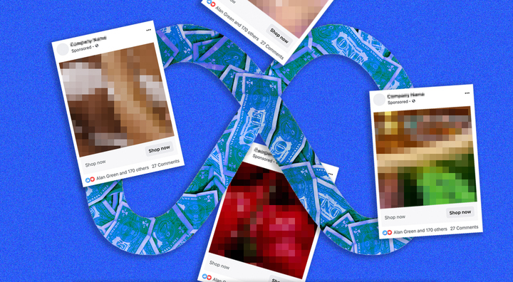 meta logo, four blurred images taken of Instagram