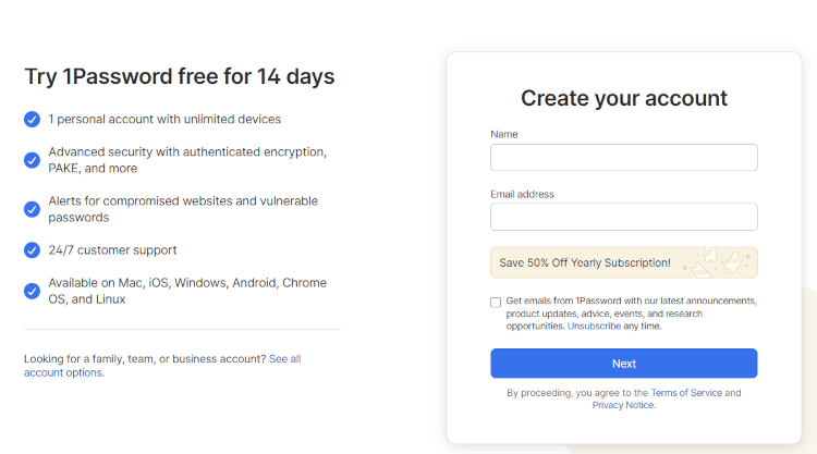 1Password account creation process