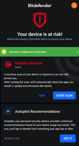 Bitdefender mobile app interface