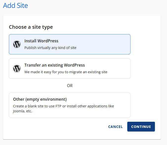 Choosing a site type on Bluehost