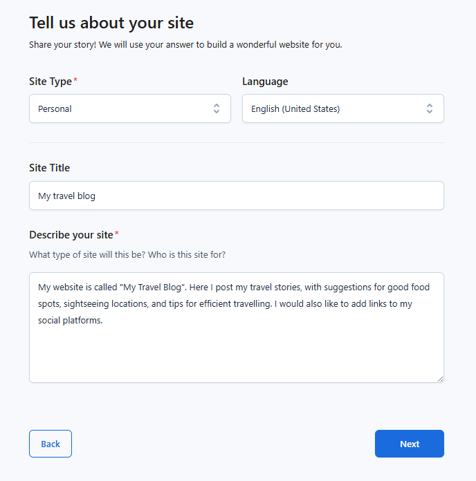 Describing website on Bluehost