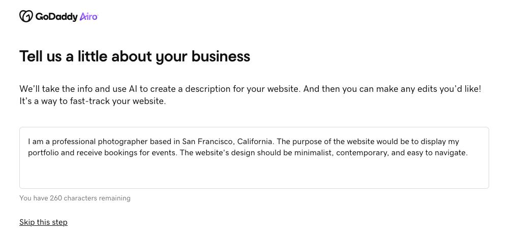 GoDaddy website description