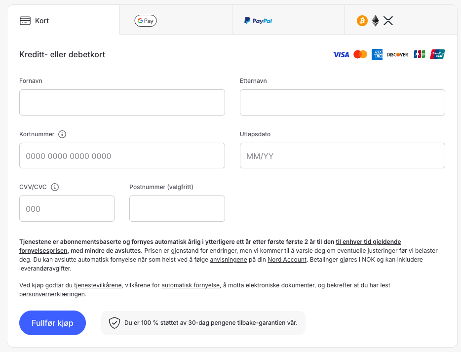 NordVPN payment option NO