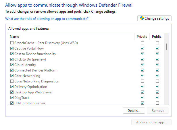 Microsoft Defender firewall settings