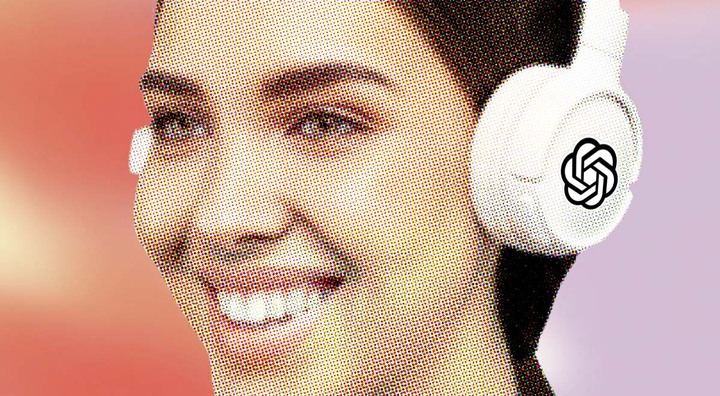 white woman smiling, white chat gpt logo headphones , dark brown hair