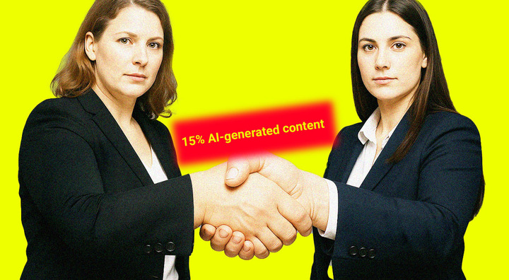 two white women in black suits shake exhagerated hands, red sign 15% AI-generated content