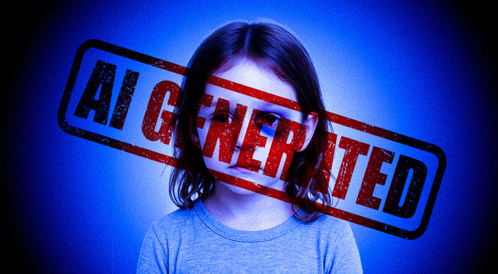 girl with brouse under left eye, blue shirt, blue light, black background, AI generated