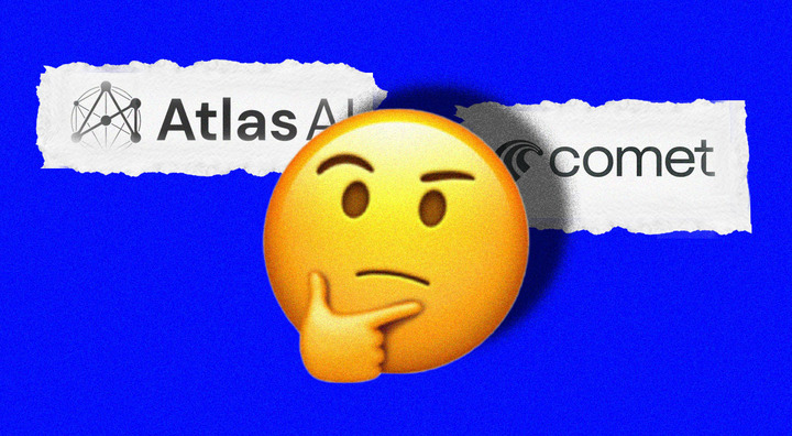 yellow wondering emoji, hand on cheek, comet and atlas logos, blue background