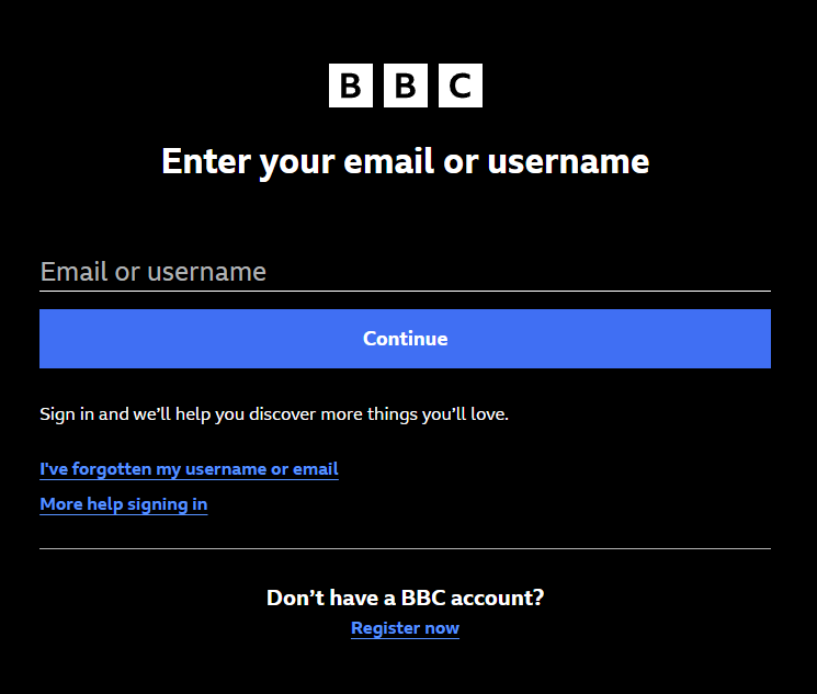 BBC iPlayer signup page