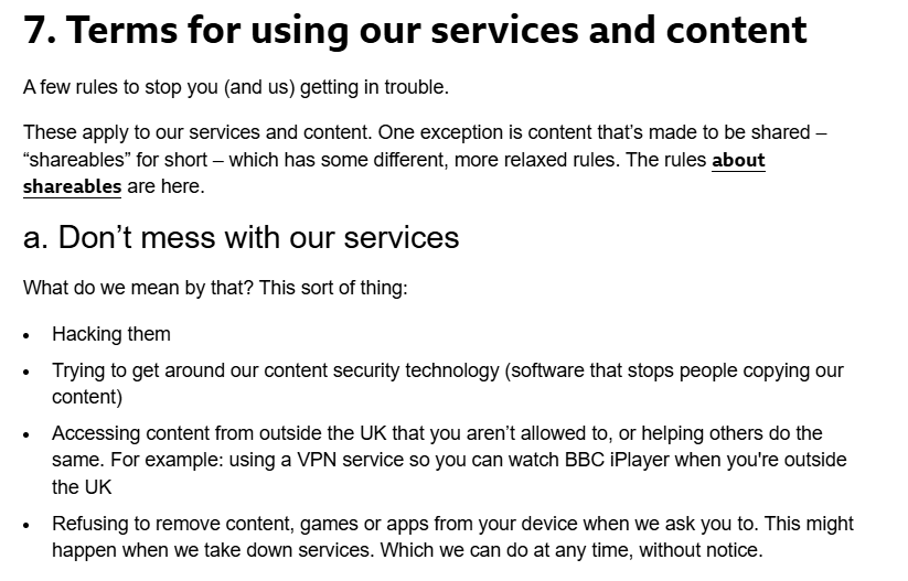 BBC iPlayer Terms of Service specifying UK-only access