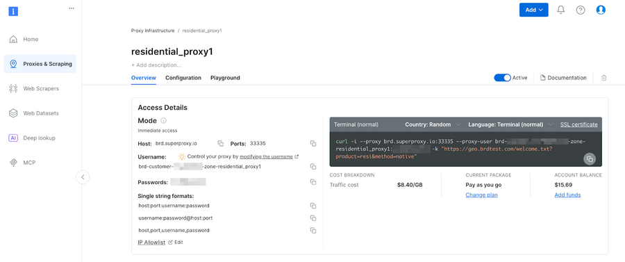 Bright Data residential proxy interface