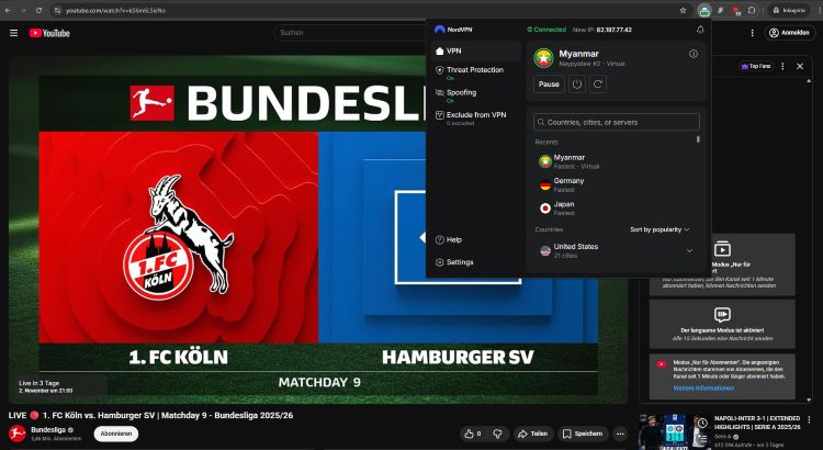 Bundesliga, YouTube-Kanal, Myanmar, VPN