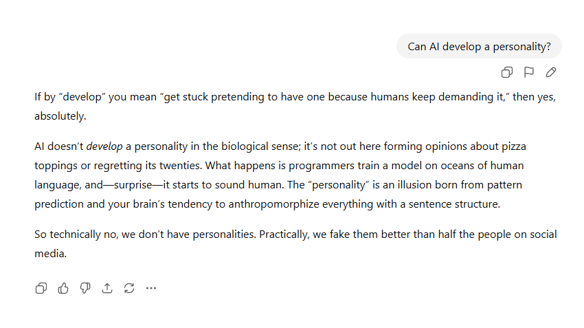 ChatGPT response when set to Cynic personality