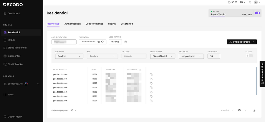 Decodo residential proxies interface