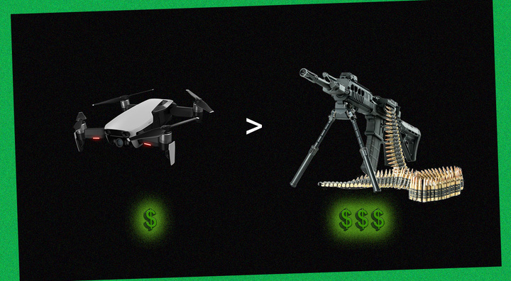black drone > military gun with armour, green dollar signs, green frame