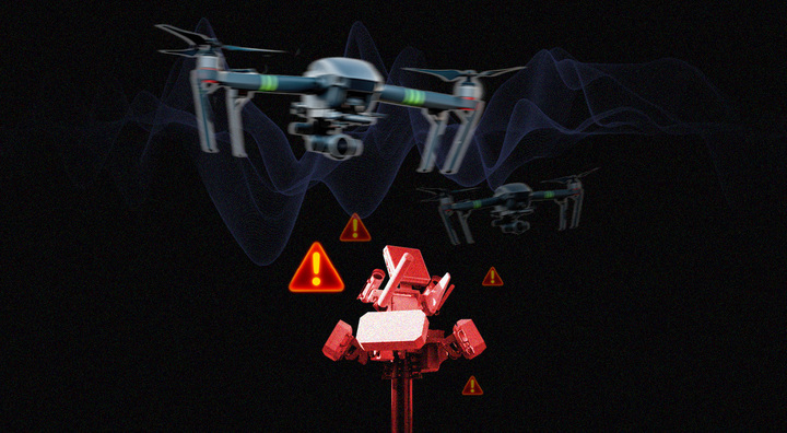 two ghost drones, red sensors on pole, ! rd signs