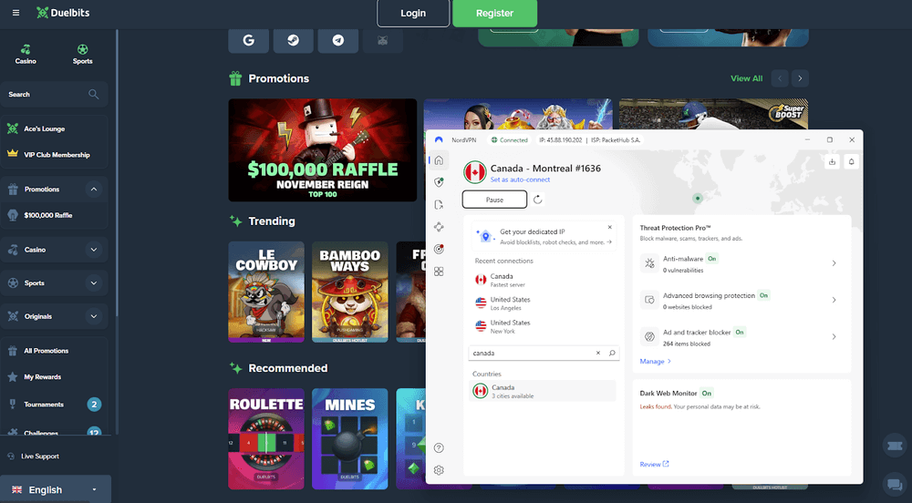 Duelbits accessed with NordVPN Canadian server