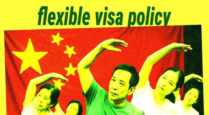 three chinese people do streches, green tshirt, flexible visa sign, yellow background
