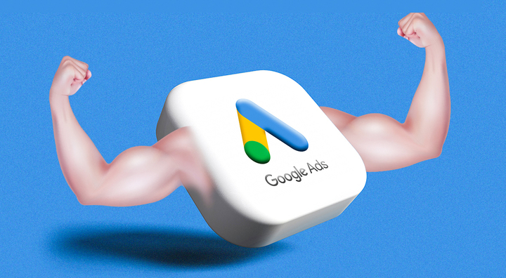 Google adds logo with whte masculine hands showing off biceps, baby blue background