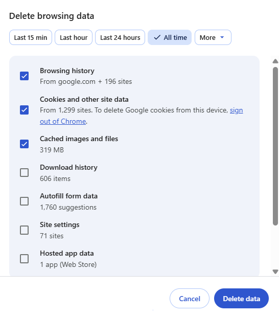 Google Chrome cache and cookies clear