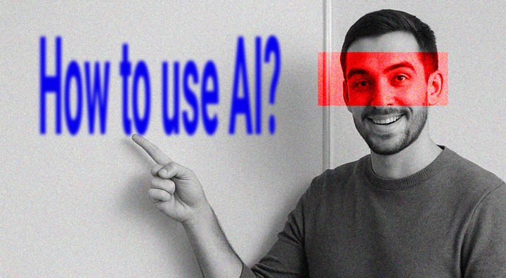 man in grey tshirt in front of wall points to blue sign How to use AI? Red rectangle on man eyes