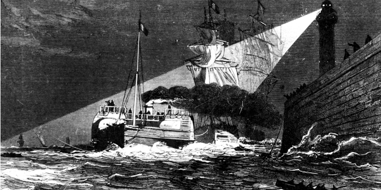 A retro illustration of a lighthouse.