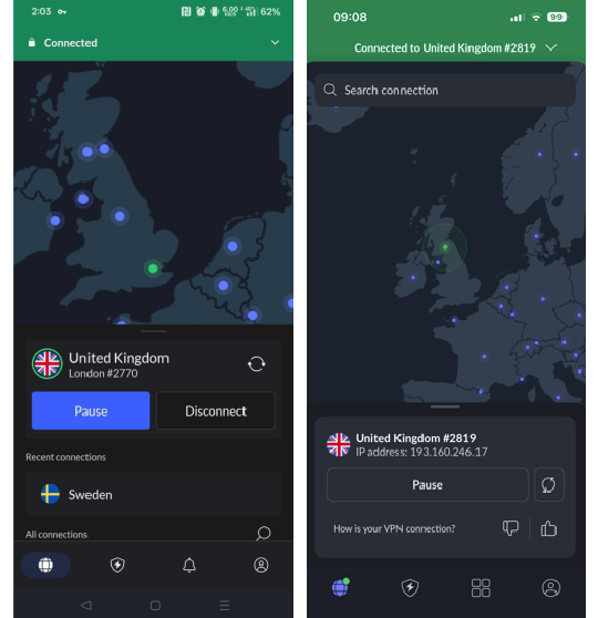 NordVPN mobile interfaces