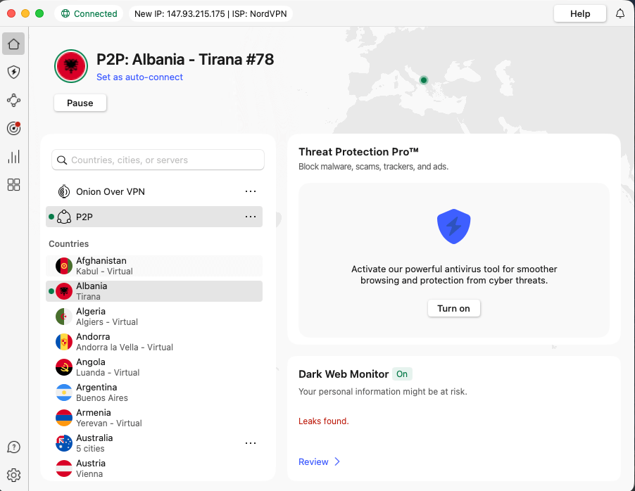 NordVPN connected to a server in Albania