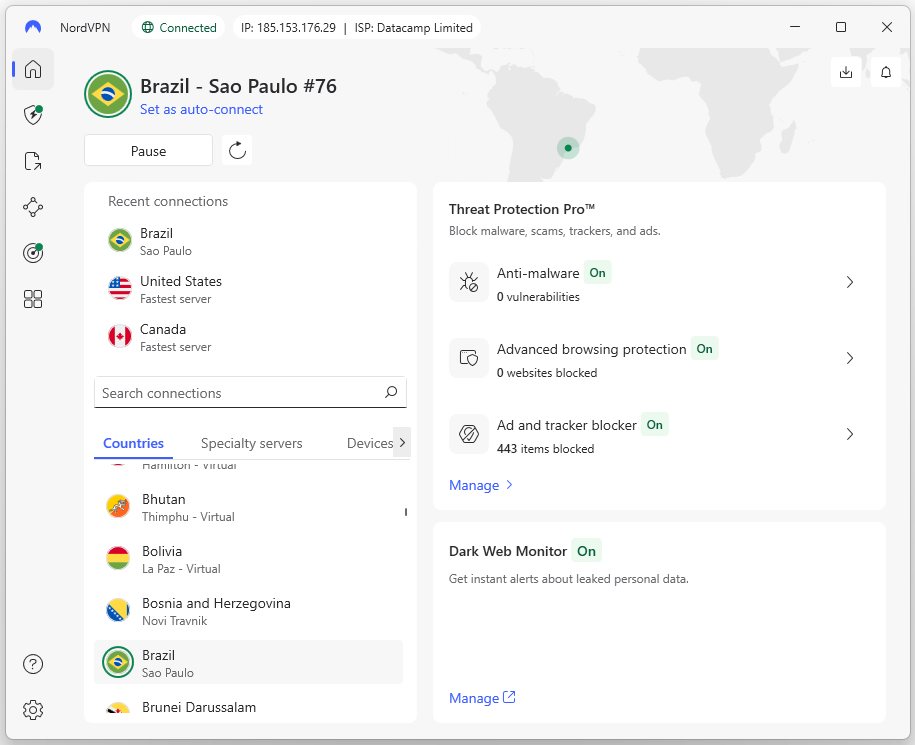 NordVPN connected to Brazil 2025 November
