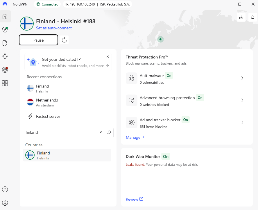 NordVPN connected to Finland